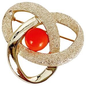 Vintage Signed Sarah Coventry 1960s Atomic Brooch Modernist Gold Tone Orange